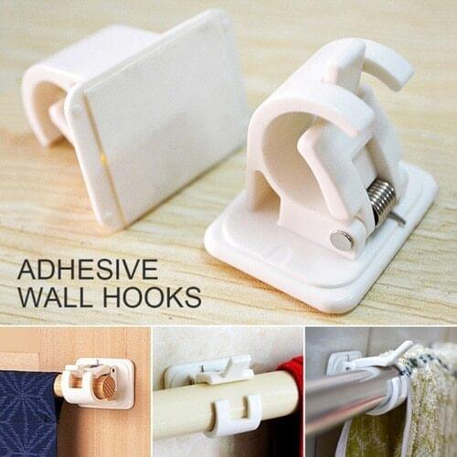 2Pcs White Plastic Self Adhesive Curtain Rods Hanger Crossbar Curtain Clips Wall Hooks