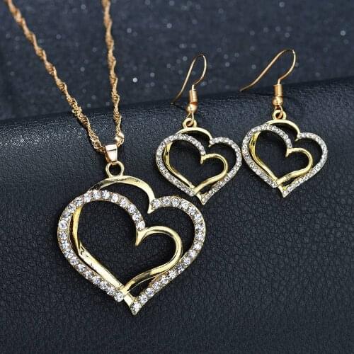Trendy Female Love Heart Jewelry Set Charm Gold Silver Color Dangle Earring For Women Dainty White Zircon Wedding Chain Necklace