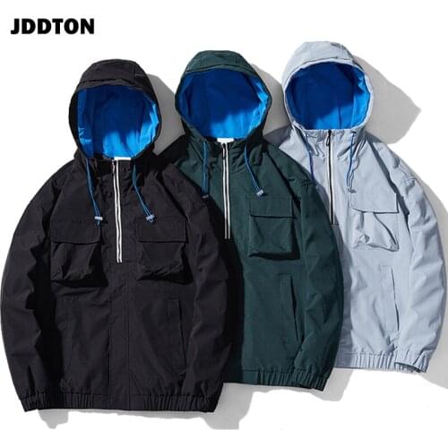 JDDTON Men Multi Pocket Hoodie Jacket Loose Tooling Hooded Clothing Autumn Windbreaker Coat Casual Streetwear Male Outwear JE234