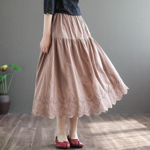 Cotton Linen Literature Art Retro Embroidery Hollow Skirt Female Large Size Loose Thin A Skirt Spring Autumn