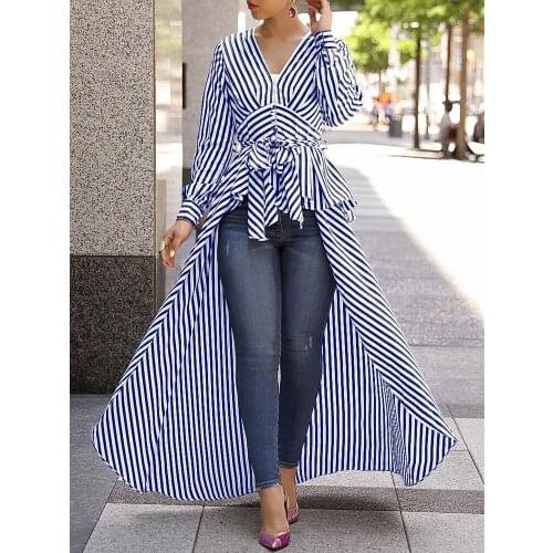 Fashion Women Elegant Stripe Long Shirt Blouse Clothing V Neck Bandage Long Sleeve Stripe Tops Tunic Curve Bottom Blouse Tops