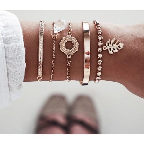 Fashion Wrist Jewelry 5 PCS Geometric Crystal Pendant Bracelets set Flower Tree Metal Alloy Bracelet Women Charms Bangle Bijoux