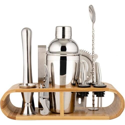 550m/750ml Stainless Steel Bar Cocktail Shaker Set Barware Tools Shaker Sets with Wooden Rack