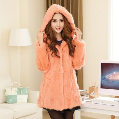 Long-sleeve rabbit fur coat medium-long with a hood
