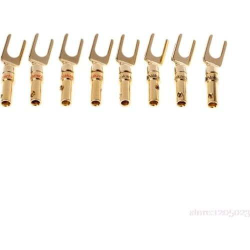 NEW 8 Pcs Brass Gold Plated Y Spade Speaker Plugs Audio Screw Fork Connector Adapter