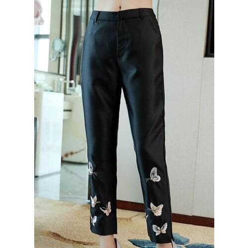 The New autumn Womens pants Street style butterfly embroidery Slim Pencil pants elegant trousers S-2XL