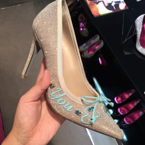 New fashion bling bling glitter high heel shoes sexy pointed toe stiletto heels for woman sky blue butterfly-knot pumps