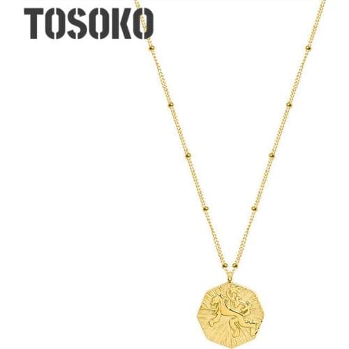 TOSOKO Stainless Steel Jewelry Animal Lion Octagonal Square Pendant Sweater Chain Retro Fashion Necklace BSP792