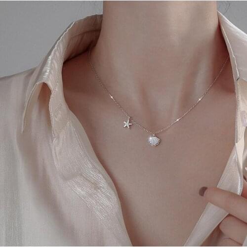 925 Sterling Silver Danity Zircon Starfish Shell Necklace Clavicle Chain Choker For Women Party Jewelry Gift S-N671