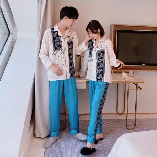 Loose Men Women Couple Rayon Long Sleeve Pijama Set Spring Autumn Sleepwear Top+ Pant Young Lover Pajamas Sexy Satin Pyjama