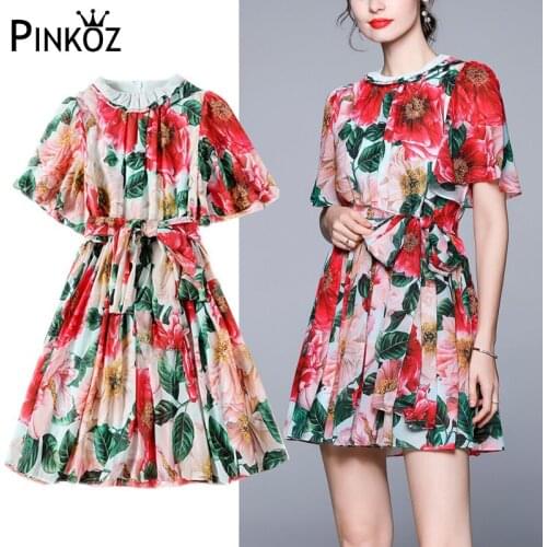 Pinkoz ruched runway designer red flower printed mini dress high quality luxury chiffon A-line party casual loose dress sashes