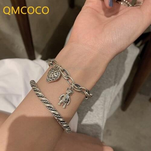 QMCOCO 925 Silver Thick Snake Chain Bracelets For Women Trendy Vintage Thai Silver Bear LOVE Heart-Shape Party Jewelry Gifts