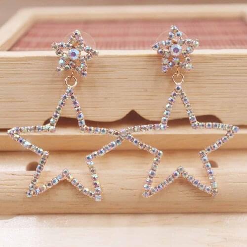 Rhinestone Star shape Long Earrings Female Net Red Exaggerated Earrings crystal AB stone dangling Earrings