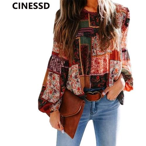 CINESSD Women Print Bohemian Blouse Casual Tops O Neck Long Puff Sleeves Loose Pullover Office Lady Tee Beach Party Boho Blouses