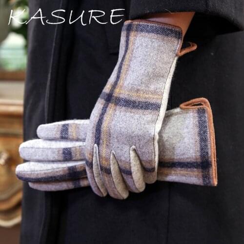 KASURE Womens Autumn Winter Plaid Thicken Cashmere Wool Gloves Ladys Fashion Elegant Woolen Plus Velvet Faux Fur Warmer Gloves