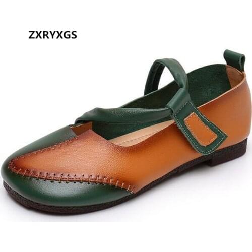 2021 Spring Summer New Shoes Woman Spell Colors Soft Genuine Leather Shoes Soft Sole Comfortable Shoes Female Flats Big Size