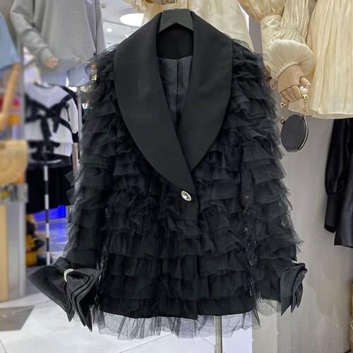 White Blazer Women 2021 Autumn New Layered Yarn Mesh Ruffles Bow Long Sleeve Suit Jacket Female Ins Super Fashion Coat Black