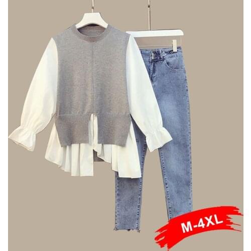 Winter Casual 2 Autumn Piece Set Chic Irregular Hem Fake 2-piece Tops+buttons Up Skinny Jean Pants Women Patchwork Sweater Suits