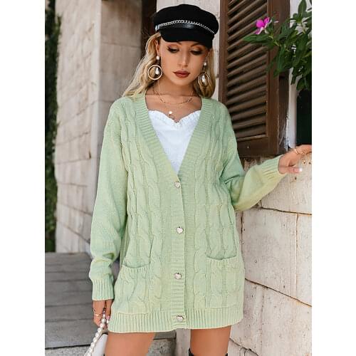 Simplee Loose v-neck pocket women long cardigan winter Office lady long sleeve sweater cardigan Casual off shoulder fashion coat