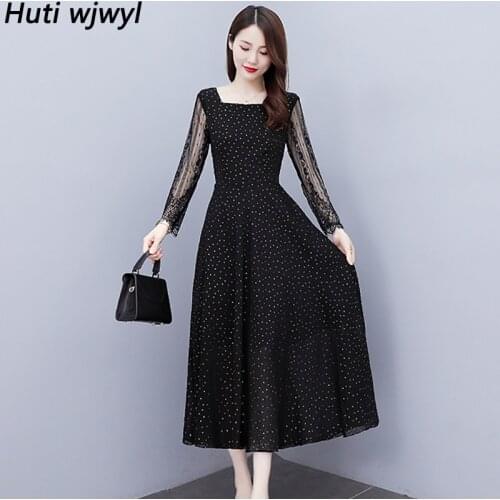 2021 Spring Autumn Vintage Black Lace Midi Dresses Women Elegant Casual Bodycon Black Dots Maxi Dress Long Sleeve Party Vestidos