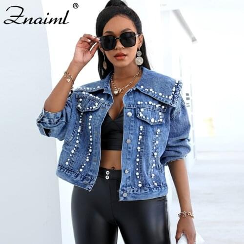Znaiml 2021 New Spring Autumn Pearl Beading Crop Denim Jackets Women Casual Jeans Bomber Jacket Long Sleeve Denim Coat Korean