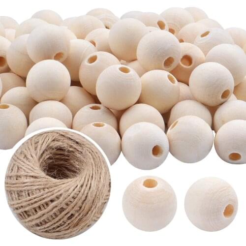 100pcs 16mm Eco-Friendly Natural Round Wood Beads Unfinished Loose Spacer Bead with 25m Jute String For DIY Jewelry Craft Making