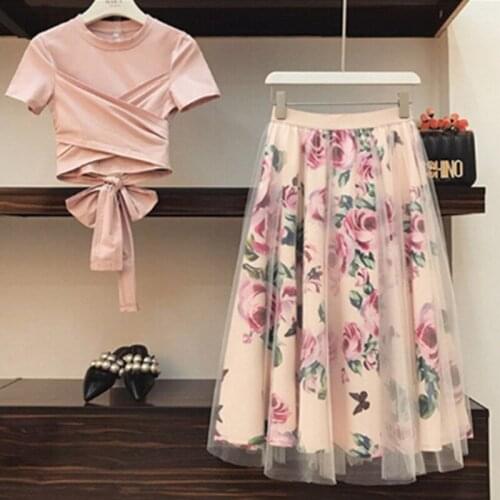 2021 New Fashion Designer Runway Summer Sets Womens Short Sleeve Pink Tops + Women Rose Print Mesh Skirt 2 Piece Set