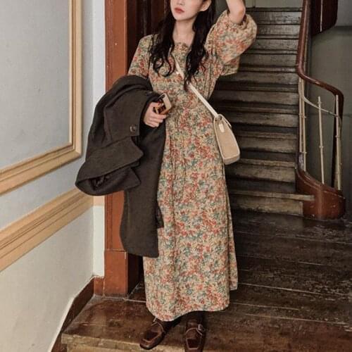 YAMDI boho dress women bohemian vintage square collar puff sleeve dress maxi loose long sleeve high elastic waist elegant vestid