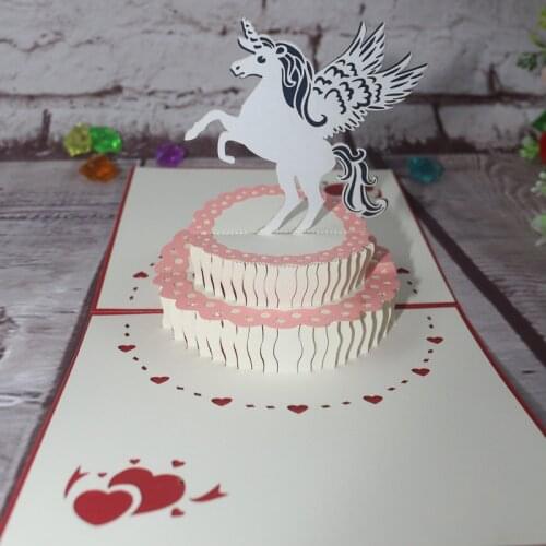 3D Handmade Cartoon Flying Unicorn Birthday Cake Paper Invitation Greeting Cards PostCard Kids Birthday Party Creative Gift