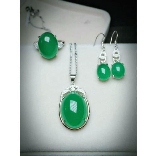 C16#925 silver inlaid natural chalcedony set, the jade face is clean and translucent