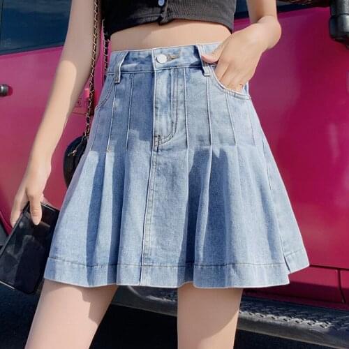 High-waisted denim skirt was thin and niche pleated a-line skirt female spring and summer plus size irregular skirt
