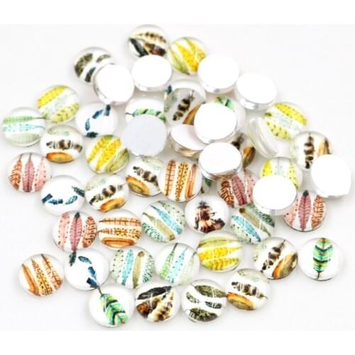 Hot Sale 50pcs 8mm And 10mm 12mm Feather wings Mixed Handmade Glass Cabochons Pattern Domed Jewelry Accessories Supplies