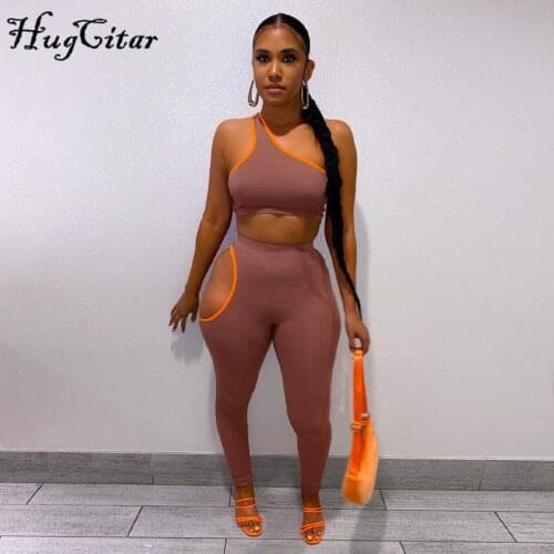 Hugcitar 2021 Summer Solid One Shoulder Sleeveless Navel Top Leggings Set Bodycon Sexy Party Elegant Club Y2K Robe Beach