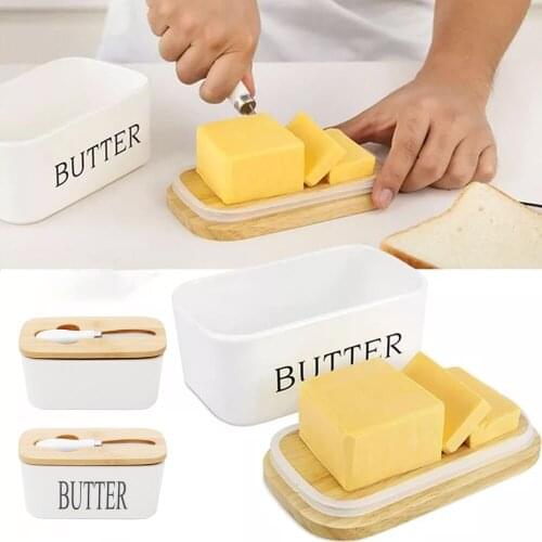 Butter Box Sealing With Wood Lid Knife Ceramic Keeper Tool Nordic Style Cheese Storage Tray Plate Container Kitchen Accessories