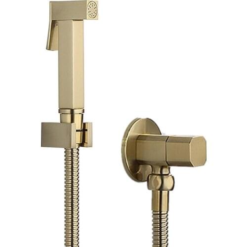 Brass Brushed Gold Square Bidet Set Toilet Handheld Bidet Toilet Spray Gun Bidet Faucet Brass Valve Hand Shower Holder & hose