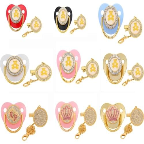 Initial Letter Baby Pacifier and Pacifier Clips Gold Bling BPA Free 26 Letters Name Silicone Infant Nipple Newborn Dummy Soother