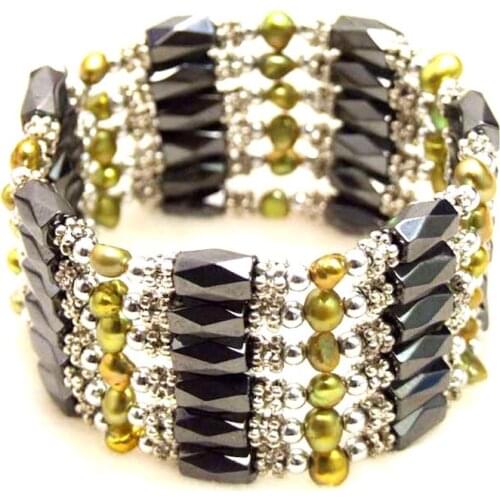 Qingmos Fashion 4-5mm Baroque Natural Brown Pearl Bracelet for Women with Black Hematite Magnetic Bracelet 38'' Long Necklace