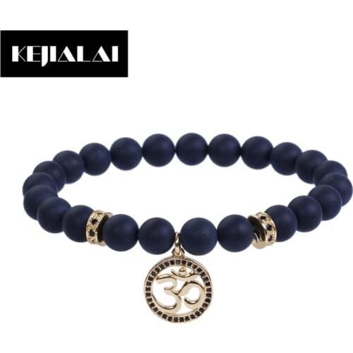 Famous Luxury Brand Men Bracelets OM Charm Pave with Zirconia Two Stoppers 8mm Matte Onyx Nature Beads Fashion Jewelry for Women