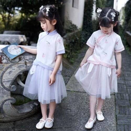 New Modern Hanfu Girls Summer Tang Suit Cotton And Linen Tops &Net Skirt Chinese Costume Hanfu Fairy Dress Festival Outfit SL119