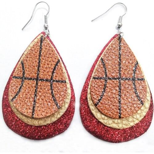 New Stock! 3D Basketball Glitters Three Layer Leather Teardrop Earrings Multi-layer School Spirit Sports Earrings Gifts Custom