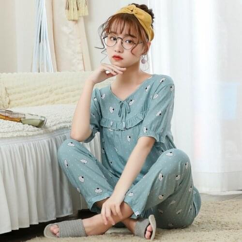 Plus size pajamas ladies spring and summer cotton szlafrok short sleeve thin suit Korean cartoon casual home service nightwear