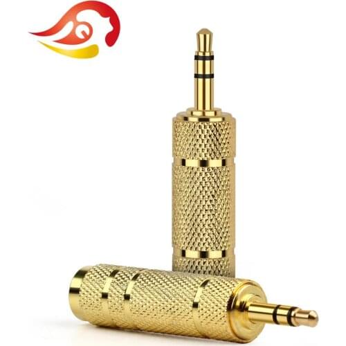 QYFANG 3.5mm to 6.35mm 3 Pole Audio Jack Earphone Plug Metal Alloy Bright Gold Shell Adapter Wire Connector Female Converter