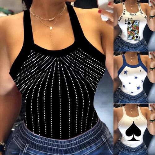 Sexy Women Poker Spades Q Star Print Back Bowknot Strap Slim Vest Camisole Top