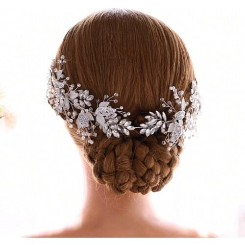 SLBRIDAL Handmade Silver Color Crystal Rhinestone Pearl Flower Leaf Wedding Tiara Headband Bridal Hair Accessories Women Jewelry