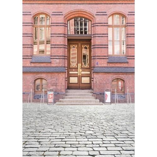 Vintage Pink Brick Wall Wooden Door Window Photo Backgrounds Vinyl Backdrop for Children Portait Photography Props Photocall