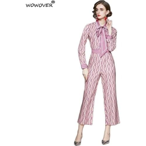 Womens Clothing 2021 Fashion Runway Suit Spring Summer Designer Long Sleeve Geometric Print Shirt and Pants 2 Piece Sets Outfit
