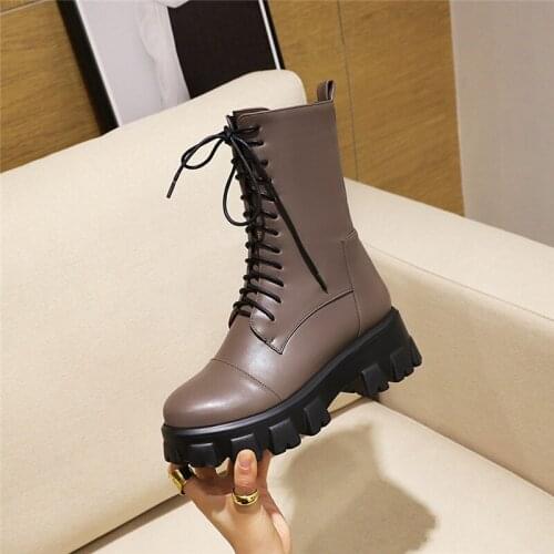 YMECHIC Fashion Winter 4 Color Lace Up Boots Platform Shoes Women Block High Heel White Black Biker Ankle Combat Boots for Women