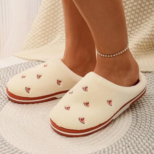 Women Indoor Warm Plush Home Slippers Fashion Fruit Slipper Non-slip Soft Lovers Winter Female Shoes Banana Cherry Ladies Slides