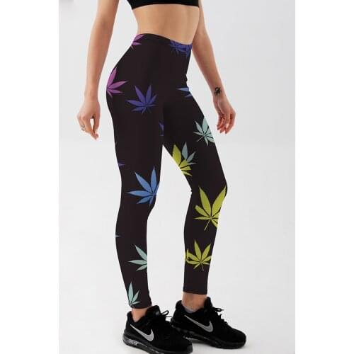 Women Fitness Leggings Workout Casual Pants Trousers Maple Leaf Printed High Waist Black Pants S-XXXXL