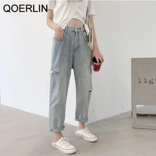QOERLIN 2XL Jeans Women Holes Ripped Jeans Hollow Out High Waist Zipper Fly Baby Blue Jeans Harem Pants Denim Trouser Plus Size